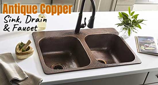Antique Copper Sink, Drain and Pull-Down Kitchen Faucet