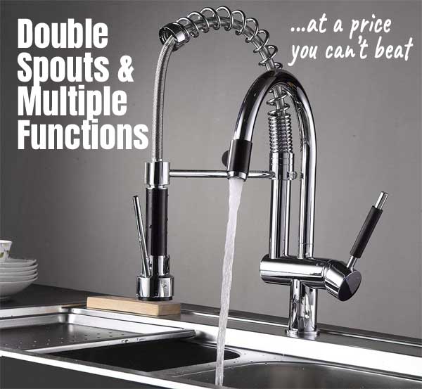 Double Spout Kitchen Faucet with Multiple Functions, Commercial Style in Chrome and Black