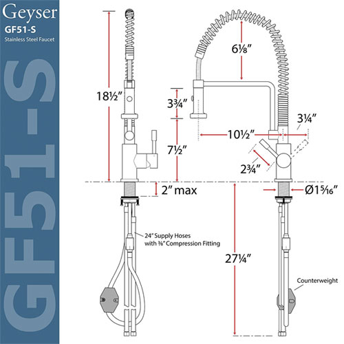 Dimensions of the Geyser Commercial Style Kitchen Faucet
