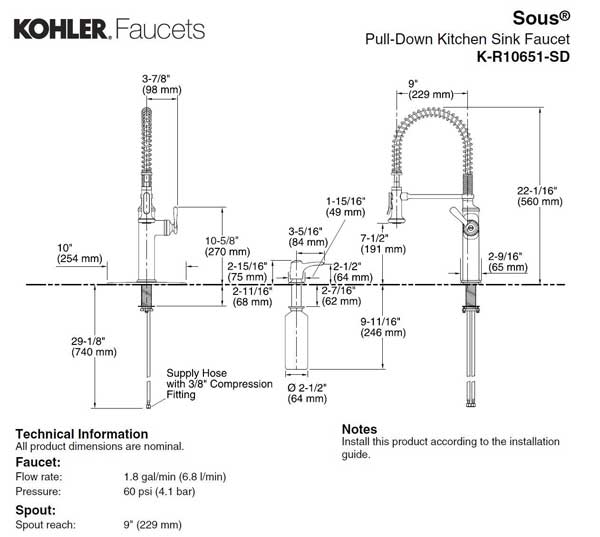 Kohler Sous Kitchen Faucet Dimensions and Technical Information