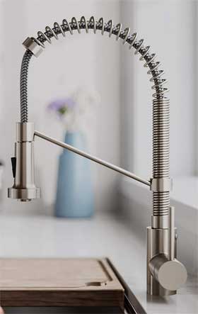 Kraut Bolden Kitchen Faucet in Stainless Steel Finish with Industrial Open Coil Spout