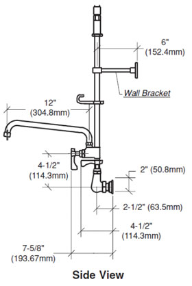 Krowne Pre-Rinse Wall Faucet Side View Diagram & Measurements