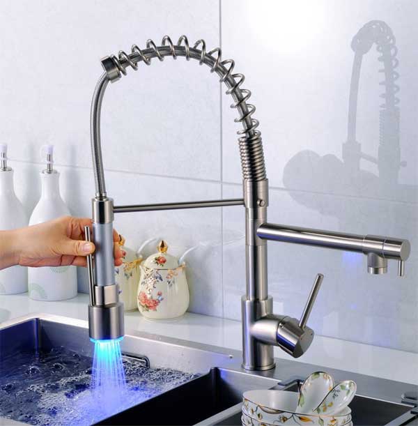 Fapully Thermal LED Kitchen Faucet with Coiled Pull-Down Spring Spout