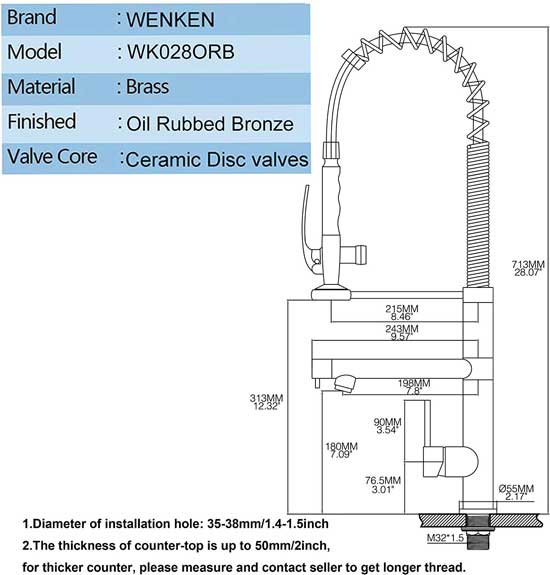 Wenken Faucet Dimensions for Installation on Kitchen Sink